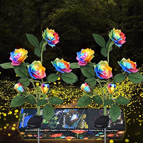 2 Pack Outdoor Solar Garden Lights with 12 Rose Flowers, Newest Upgraded LED Solar Powered Light, Waterproof Solar Decorative Floral Lights for Gift Party Wedding Patio Courtyard Pathway Lawn Fence