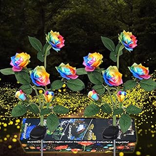 2 Pack Outdoor Solar Garden Lights with 12 Rose Flowers, Newest Upgraded LED Solar Powered Light, Waterproof Solar Decorative Floral Lights for Gift Party Wedding Patio Courtyard Pathway Lawn Fence