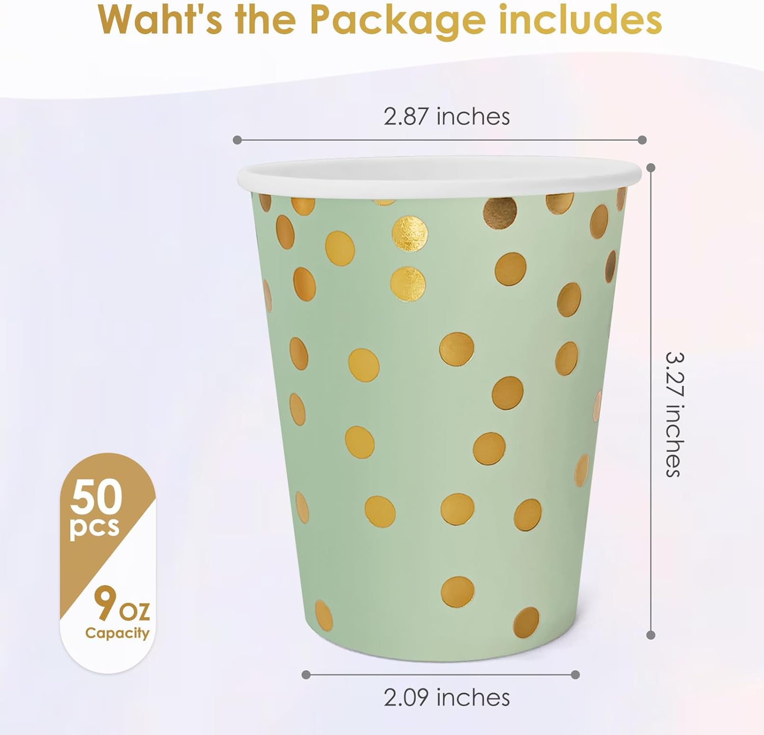 Sage Green and Gold Paper Cups,9 oz Sage Green and Gold Disposable Cups,Paper Cups for Birthday Wedding Party Supplies(50 Pcs) - Image 2