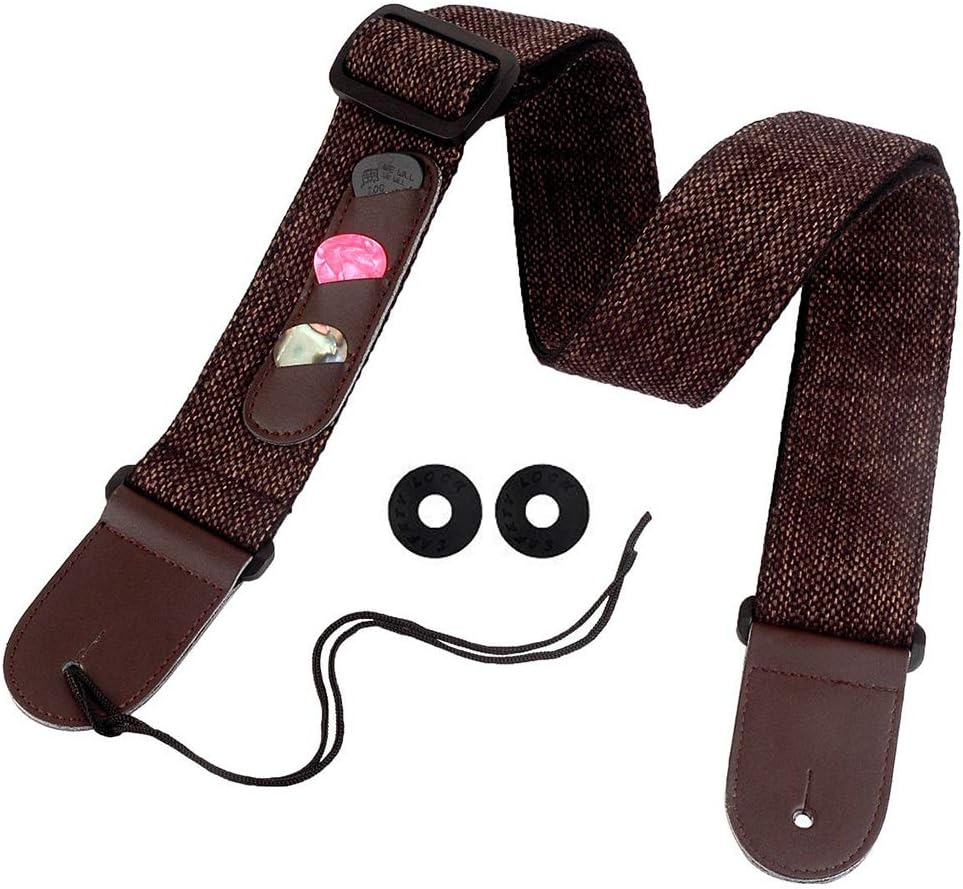ZETOM Guitar Strap, Soft Cotton-ramie Woven Adjustable Guitar Strap with Buildin 3 Pick Pockets for Electric/Acoustic Guitar and Bass (Dark Brown)