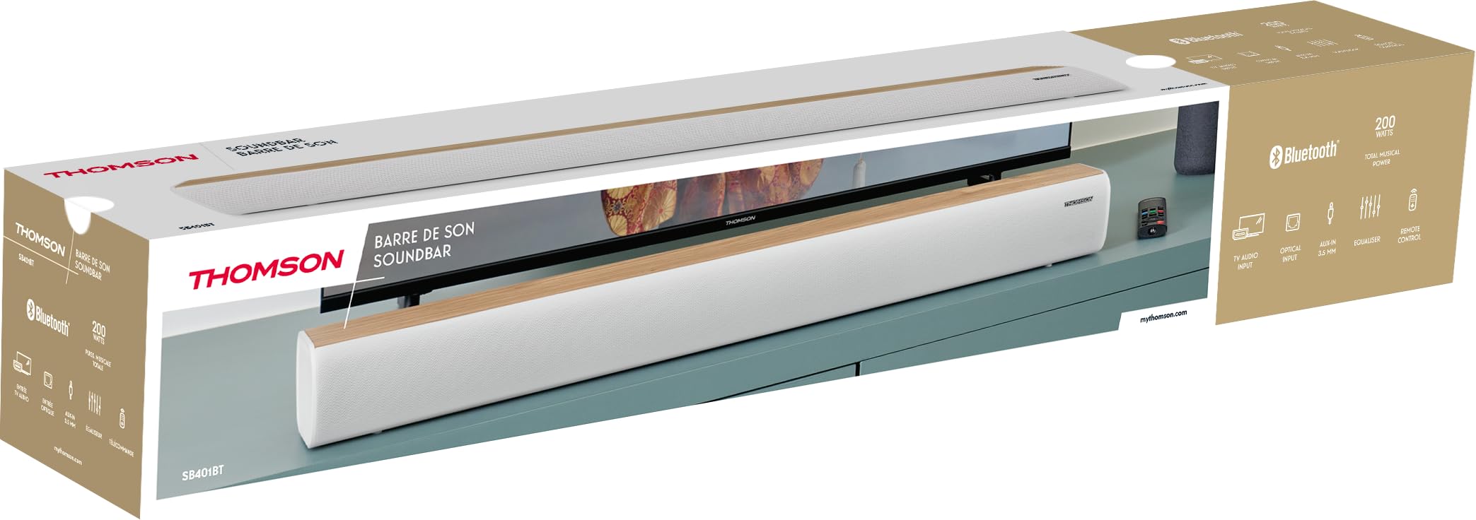 Thomson SB401BT Soundbar - 200W Potenza Musicale Totale - Bluetooth 5.0 - Ingresso Ottico, USB & AUX - Preset EQ - Telecomando - Indicatore LED della Sorgente - Design Bianco & Legno