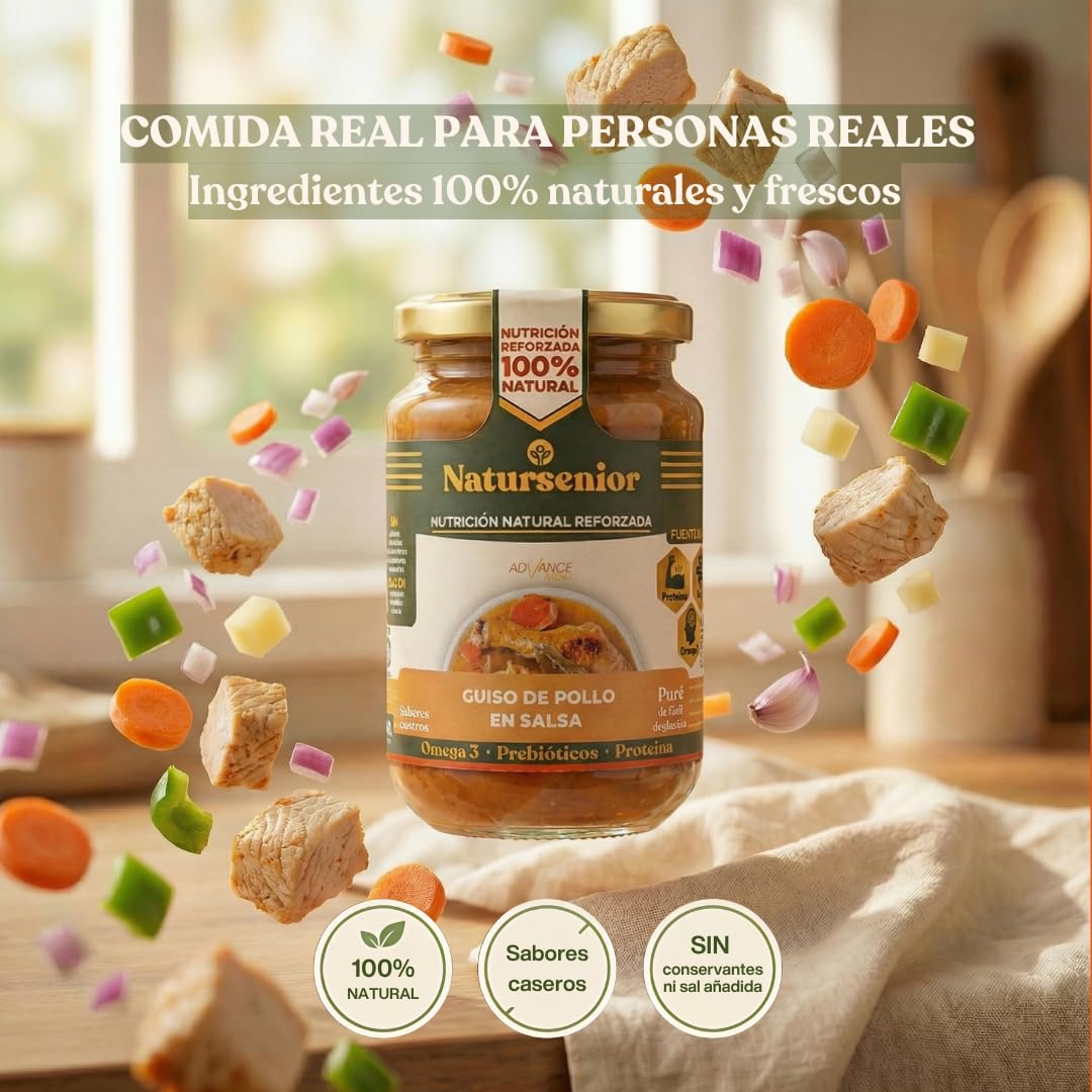 Natursenior Comida Triturada para Personas Mayores Pack Puré Guiso de Pollo en Salsa 100% Natural Omega 3 Fibra Proteína 6x340g