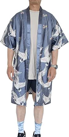 HAORUN Kimono Uomo Giapponese Yukata: Accappatoio Vintage Sciolto In Misto Cotone, Nero, Taglie Da US XS A XL (Medio)
