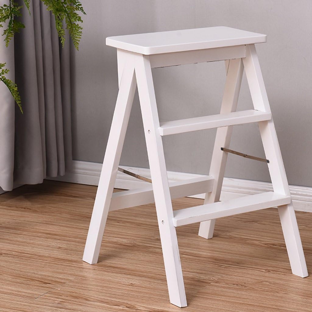 Solid Wood Step Stool Household Kitchen Garden Climbing High Stool-Portable Dual-use Living Room Safety Non-Slip Stepladder(White)