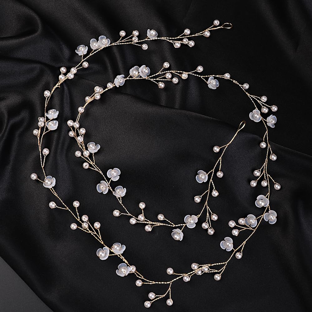 BERYUAN White Flower Pearls Wedding Hair Vine Pearls Wedding Headband Gold Bridal Headpiece Wedding Hair Accessory for Brides Bridesmaid Girls (Gold) - Image 4