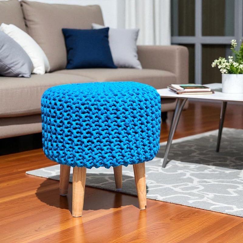 Sitting Solutions for Home - Wooden Frame Round Ottomans | Ottoman for Living Room | Bedroom, Study & Makeup Table | 16x16x18 Inch (Aqua)