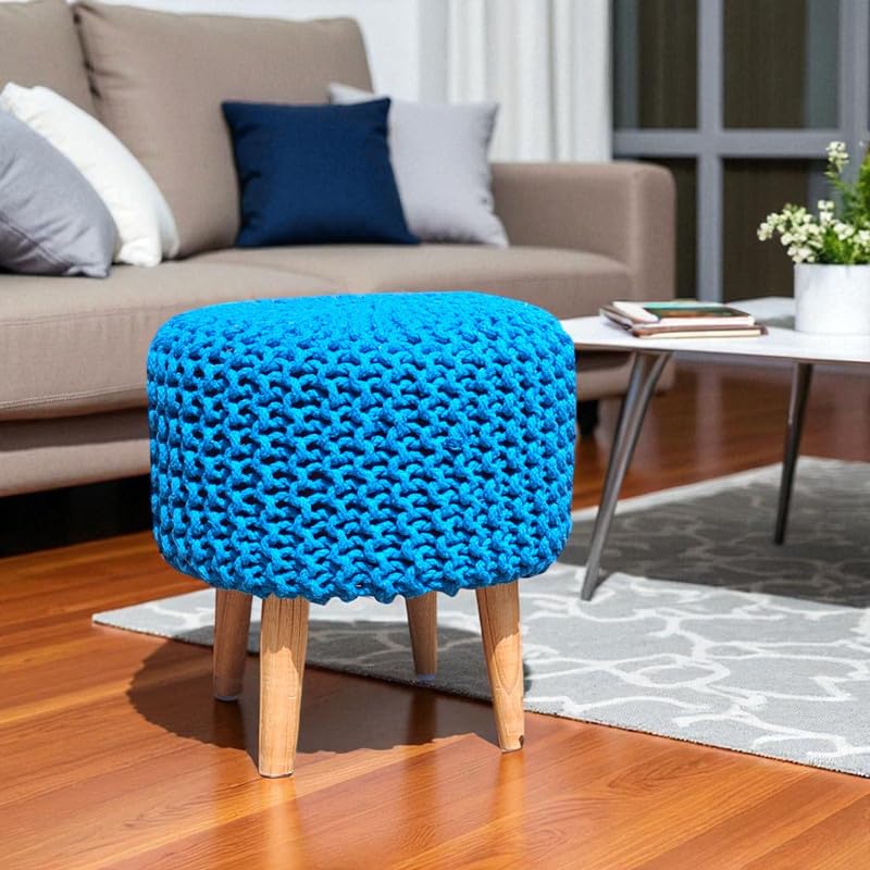 Image of Ottoman Foot Rest Puffy, Cotton Dori Ottoman for Home Decor, Solid Wood Legs Dressing Stool, Footstool Puffy for Living Room & Office Room | 16x17 Inch, Set of 2, Dori Pink-Aqua