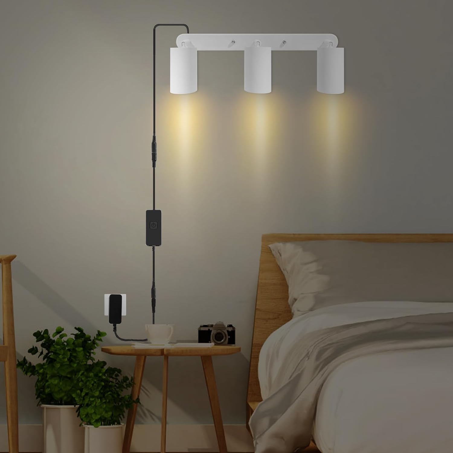 Plug in Track Lighting Track Light Fixtures with Power Cord Wall Spotlight Flexibly Rotatable Heads Plug in Ceiling Lights for Kitchen Cabinet Gallery Bar Living Room 15W 3000K(White, 3 Heads)