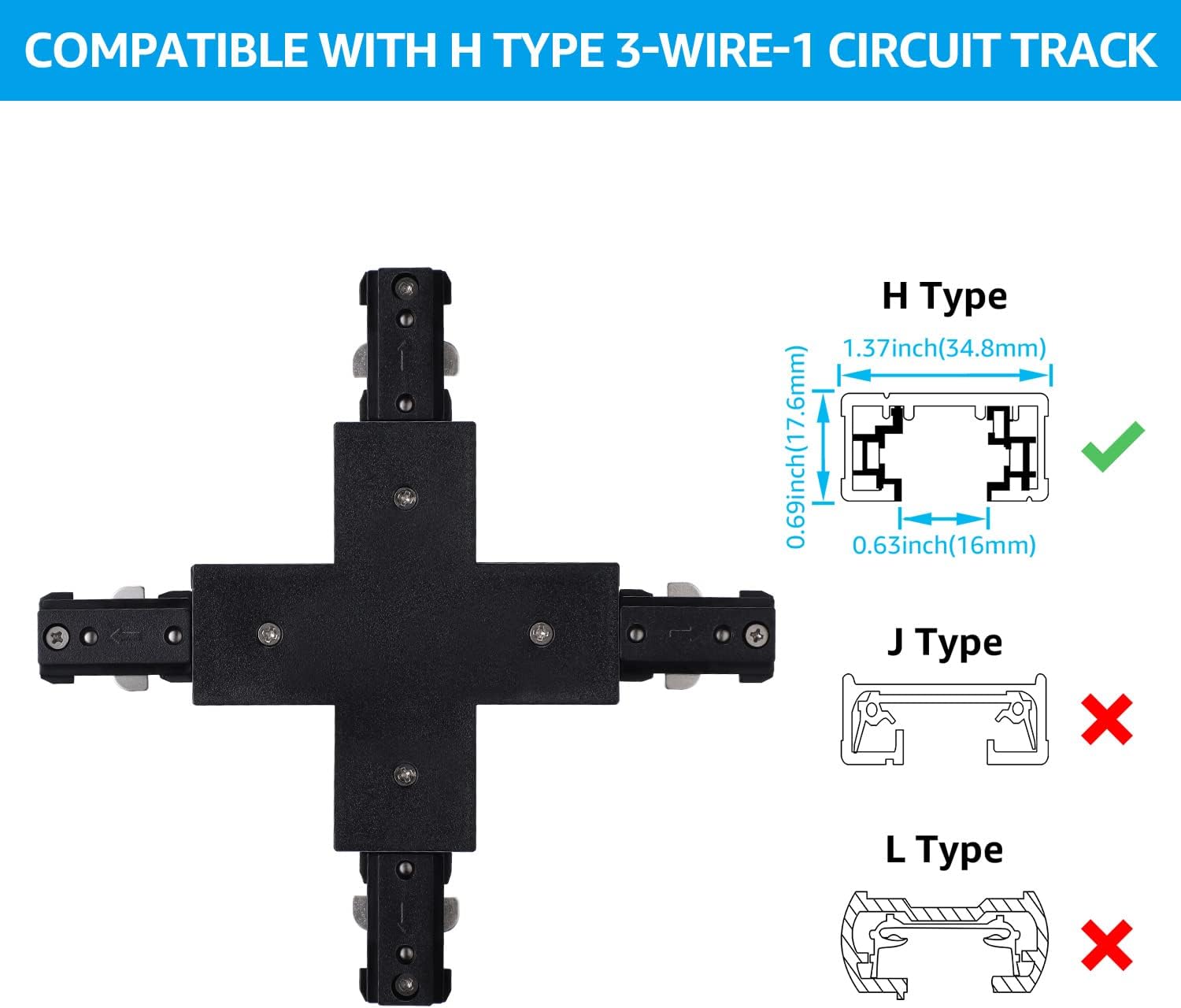 LEONLITE 4-Pack Dimmable LED Track Lighting Heads, Compatible with Single Circuit H Track Light Rail, 550lm Bundle H Track X Connector, H Type Single Circuit 3-Wire-1 Track Lighting Kit
