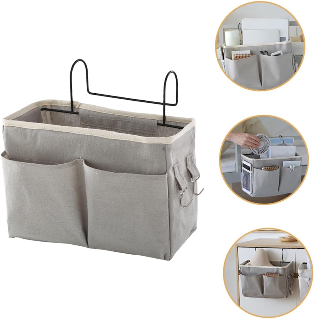 Portable Bedside Hanging Storage Organizer Bag Gray Hanging Storage Basket for Bedside Office Dorm Room for Books Remote Controls and Snacks Easy to Install Innovative Hook Design