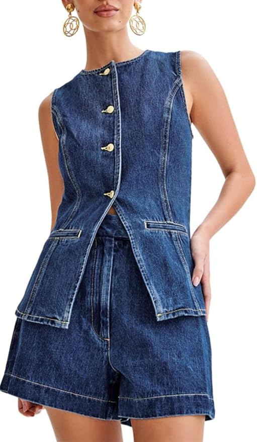 Women's Denim 2 Piece Set: Blazer Vest & Shorts