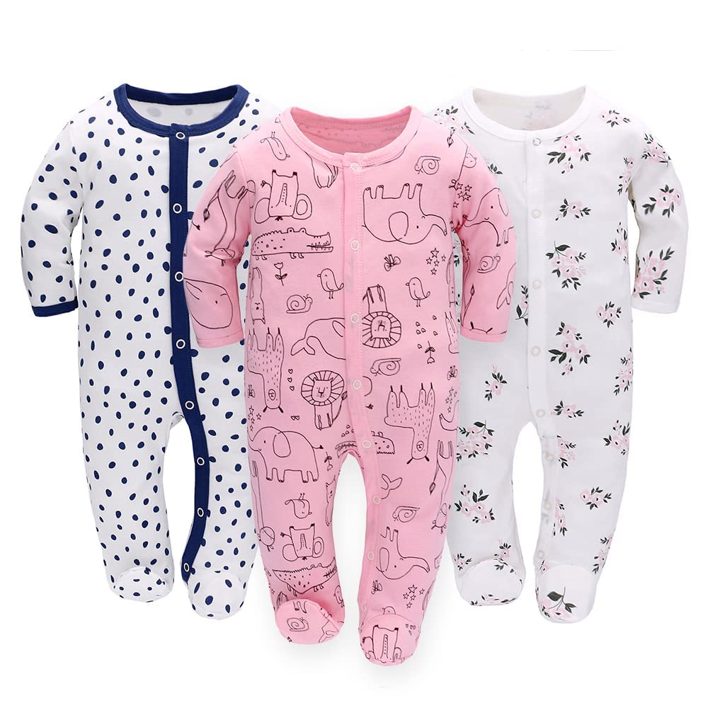 3PCS Baby Schlafstrampler Babychlafanzug Babyschlafsack Baumwolle mit Füßen mit knöpfen Gr. 56 62 68 für Junge Mädchen Neugborenen