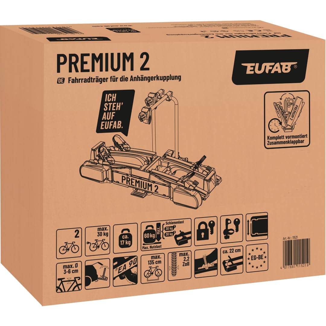 EUFAB 11521 Fahrradträger PREMIUM 2, E-Bike geeignet, komplett vormontiert, Diebstahlschutz, für 2 Fahrräder, für Anhängekupplung, Schwarz, Silber