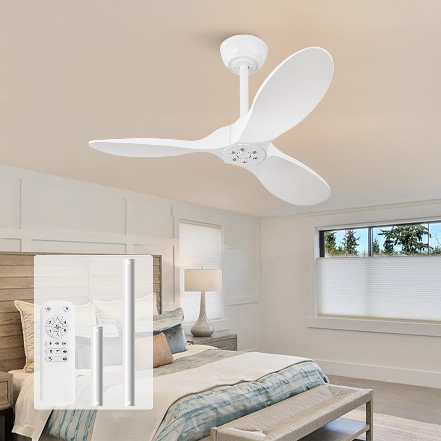 KBZZ 36 Inch White Modern Ceiling Fan, 3 ABS Blades, 6 Speeds, Reversible DC Motor, Remote Control with Timer, Indoor/Outdoor Use