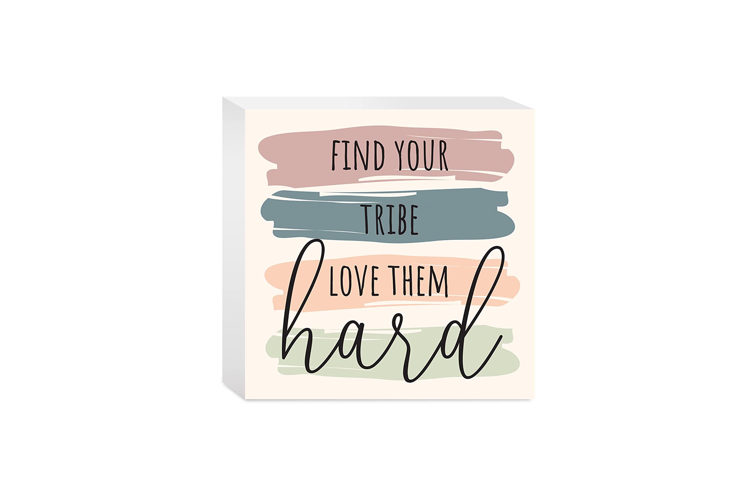 Elanze Designs Find Tribe Love Hard Dusty Pink Blue Peach Green 5 x 5 Wood Tabletop Sign Plaque