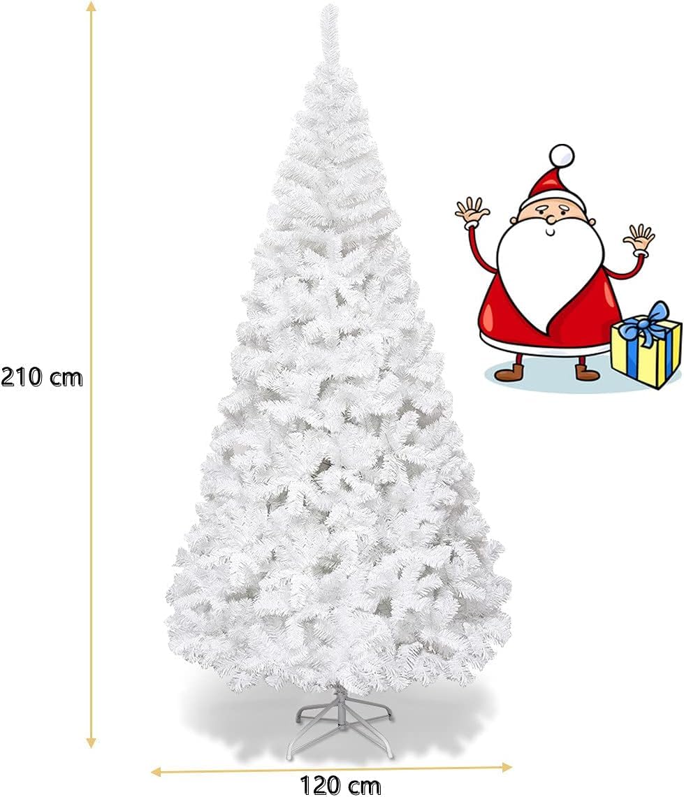 GYMAX Árbol de Navidad Artificial de 210 cm, Árbol de Navidad con Encaje de 950, Christmas Tree Artificial con Soporte de Metal, Material de PVC, Blanco