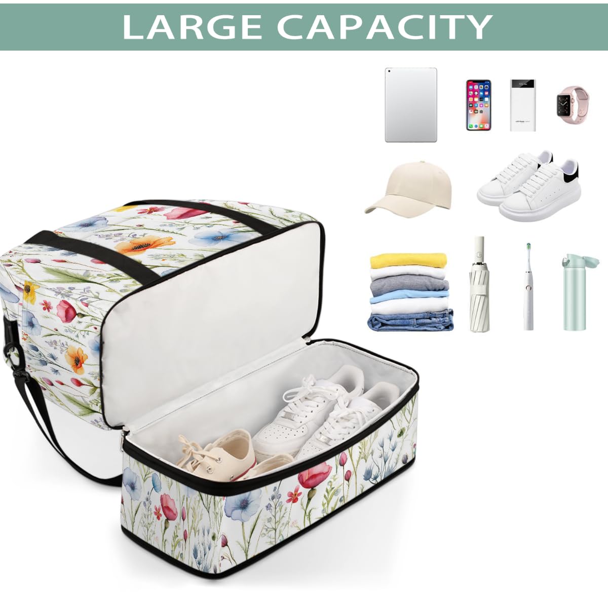 Borsone da viaggio pieghevole con motivo floreale ad acquerello, borsa da palestra espandibile con scomparto per scarpe, grande capacità, borsa da weekender, borsa da viaggio, sport, viaggi notturni