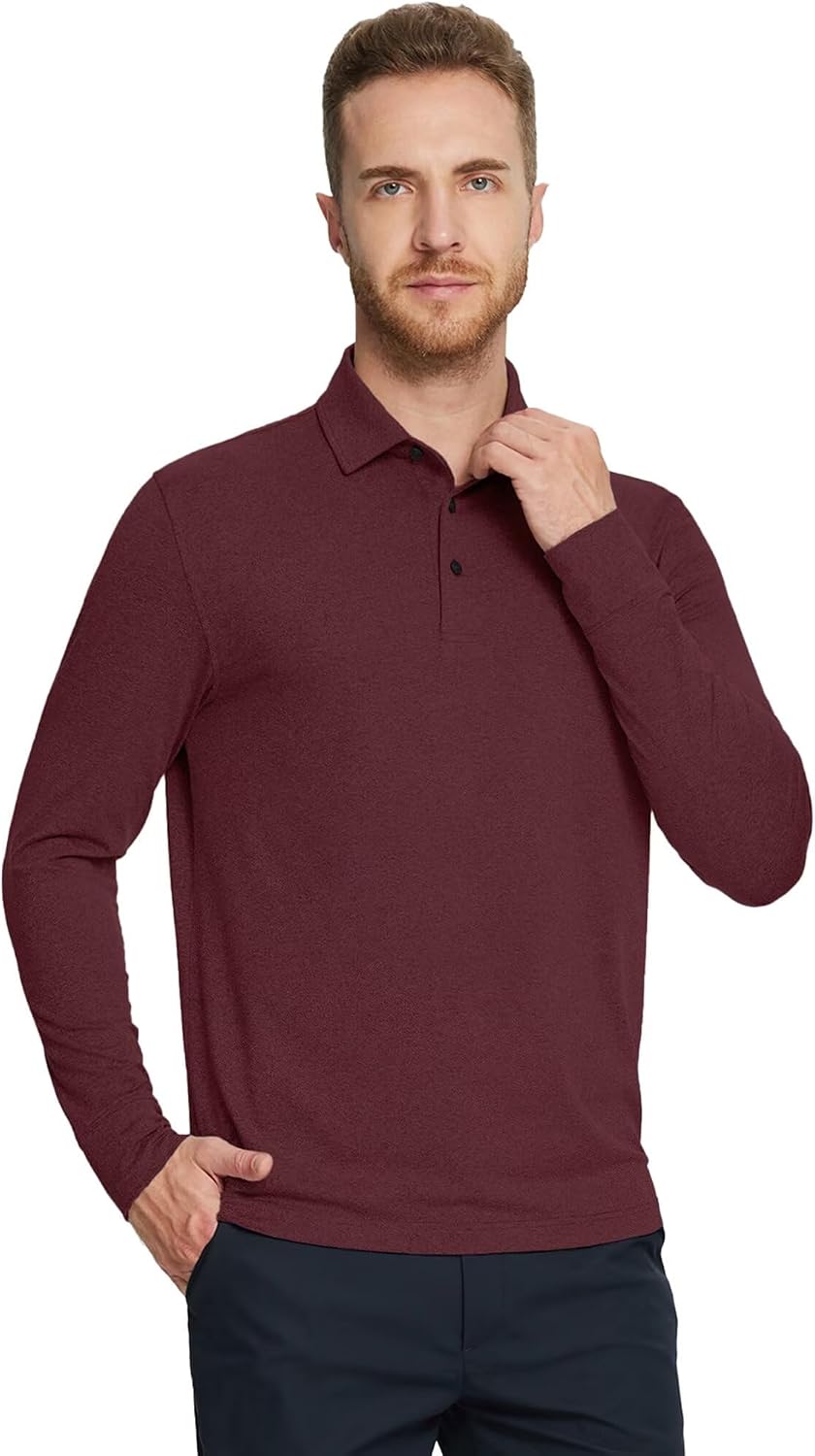 MICHEL ROUEN Mens Golf Shirts with Collard Dry Fit Performance Heather Casual Activewear Long Sleeve Golf Polo Shirts for Men