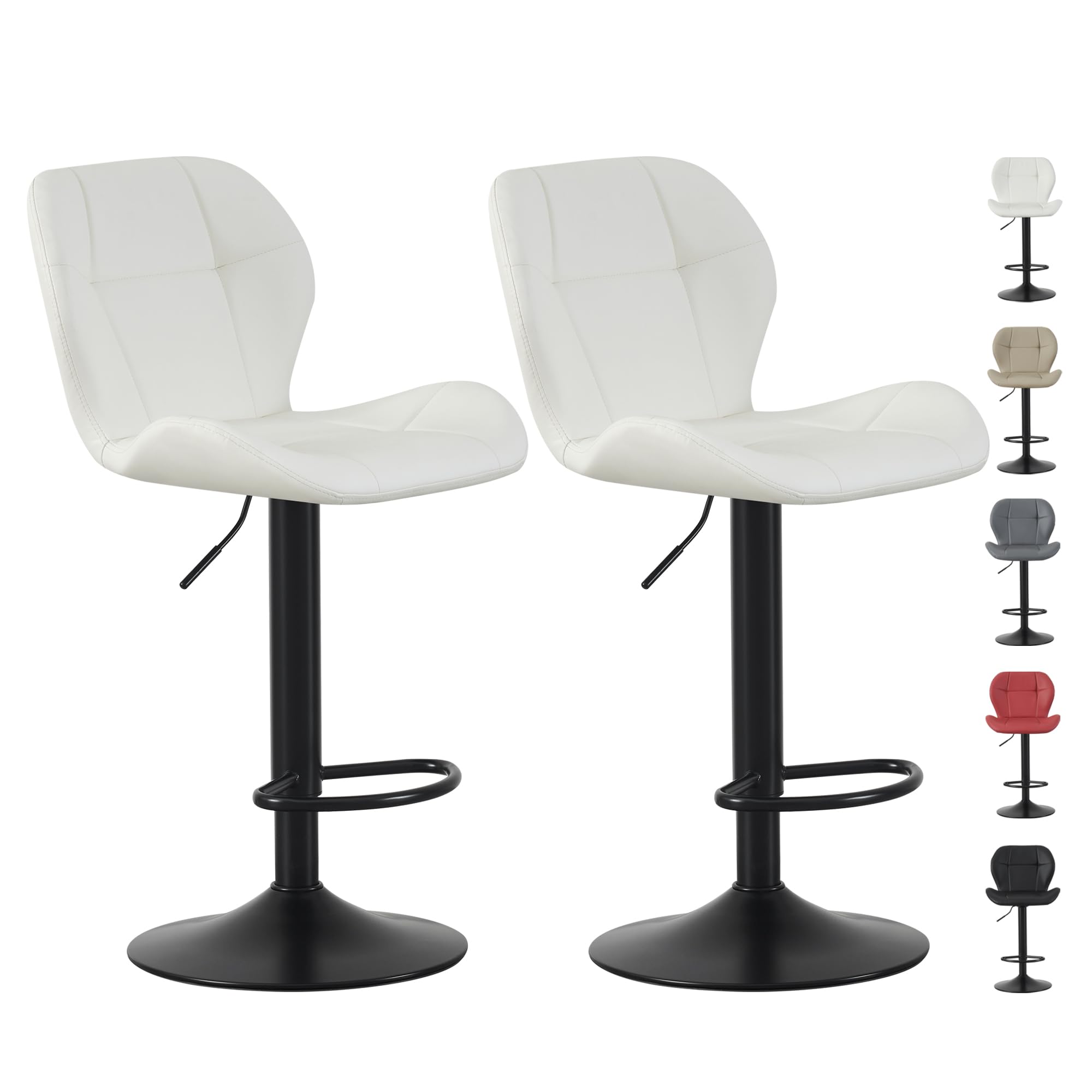 mcc direct Set of 2 Bar Stools, Height Adjustable Swivel Barstools, Counter Stools with Backrest, Faux Leather Seat, Footrest and Metal Base for Home, Kitchen and Restaurant (Cream) - Stella
