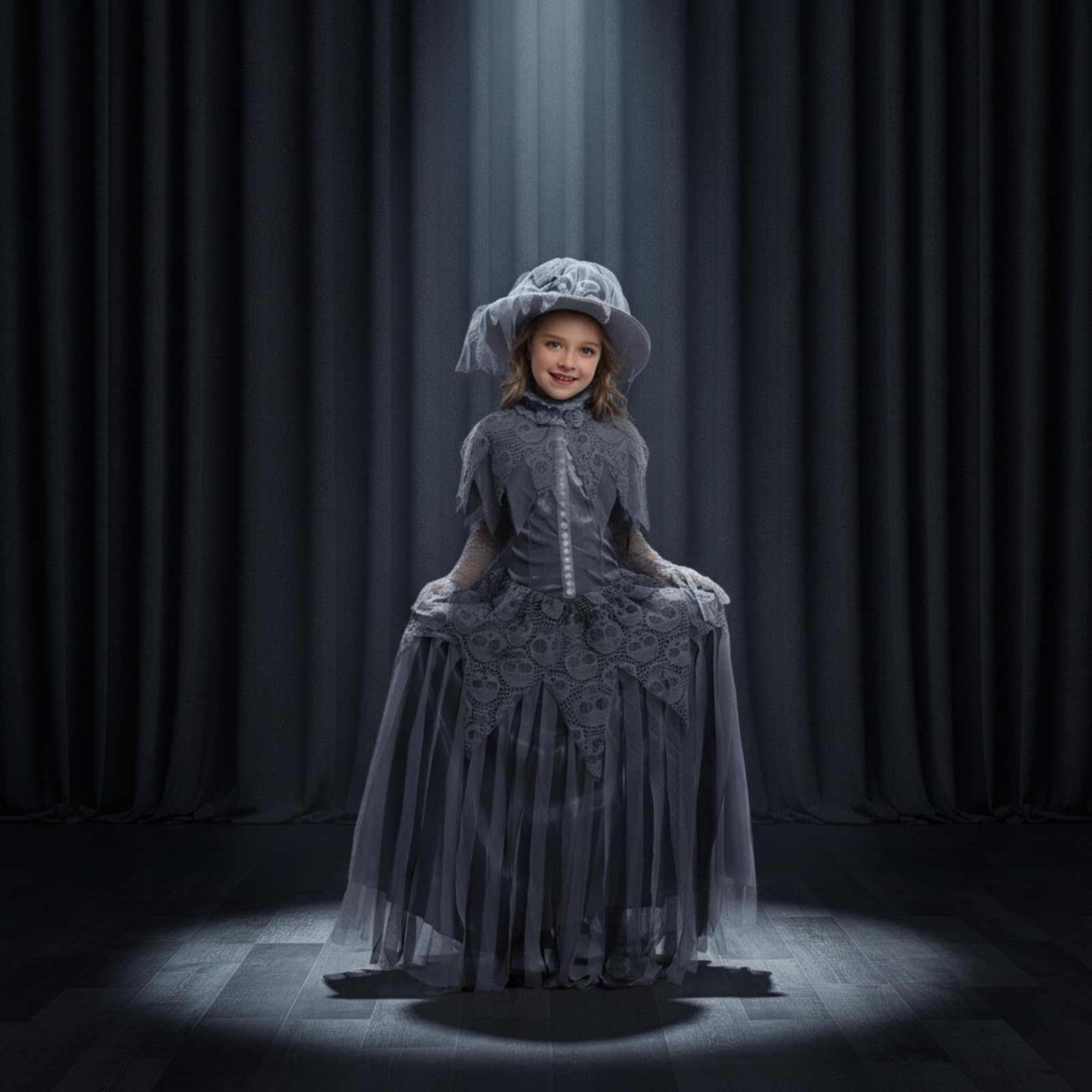 Vestido Gótico Mujer Vestido Disfraz Traje Vestido Largo con Entallado Sombrero de Encaje Simulado en Poliéster Terciopelo Adecuado para Halloween