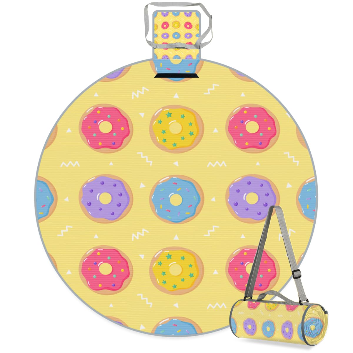 Shimoshe Yellow Background Donut Picnic Outdoor Blanket Foldable Waterproof Sandproof Beach Blanket Portable Water-Resistant Round Picnic Mat for Travel Camping Park Lawn