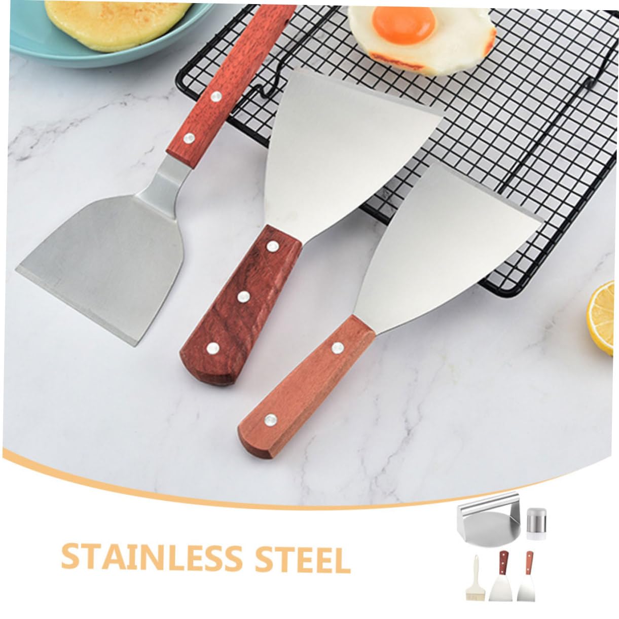 Amosfun Set Strumenti Barbecue in Metallo Inossidabile Pressa per Carne, Spatola e Pennello per Grigliate Esterne