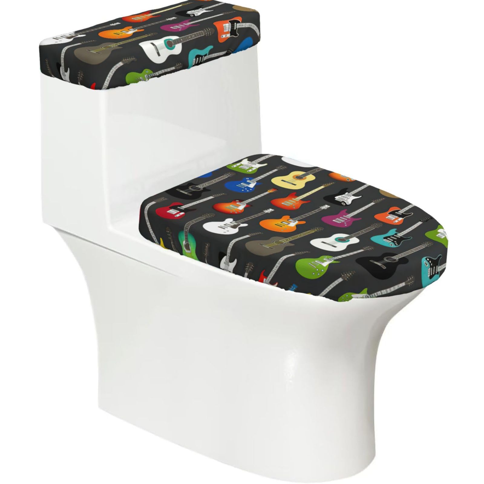 Color Acoustic and Guitars Printed Toilet Tank and Lid Cover Set of 2 for Most Bathrooms, Fits Elongated Round Toilets