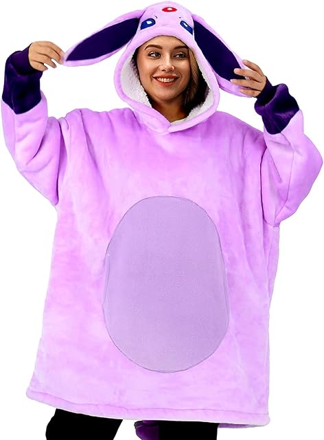 Espeon Wearable Blanket Sweatshirt Sherpa Oversized Hoodie TV Blanket with Sleeves and Pockets One Size Fits All Pink