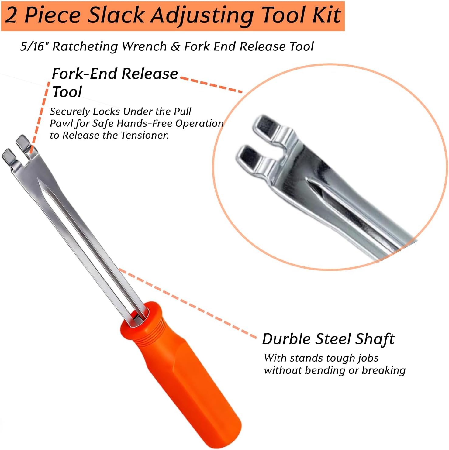 Automatic Slack Adjuster Tools, 5/16" Brake Adjustment Tool Set with Fork-End Release Tool and Ratcheting Wrench for Air Brake System on Semi Trucks and Trailers (2-Piece)