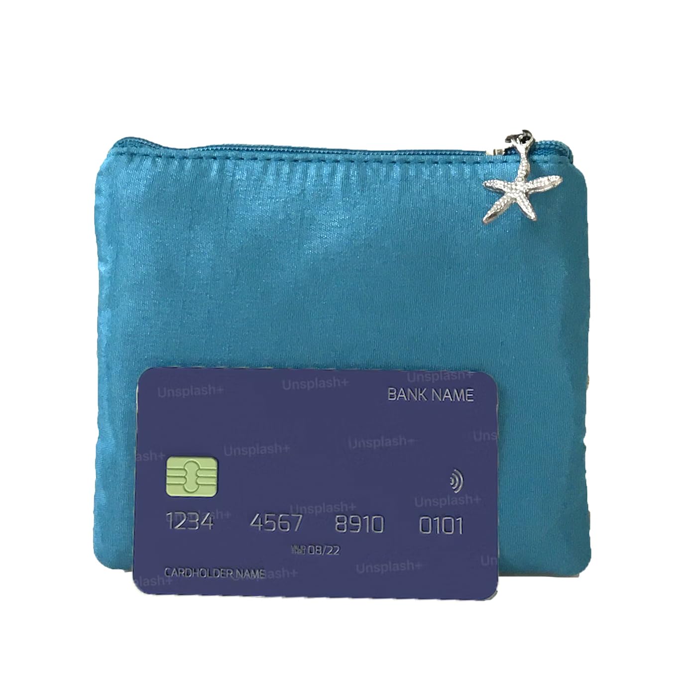 Mermaid Treasure Ocean Wave Essential Pouch Beaded Zip Card Case Coin Purse, Azure Multi