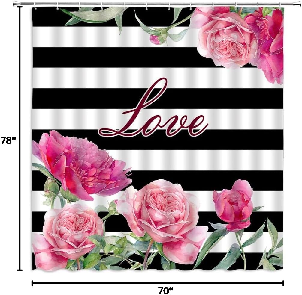 Pink Flower Shower Curtain Black and White Striped Watercolor Roses Floral Green Leaf Spring Love Valentine's Day Creative Pattern Fabric Bathroom Decor Set with Hooks(78" Wx70 H)