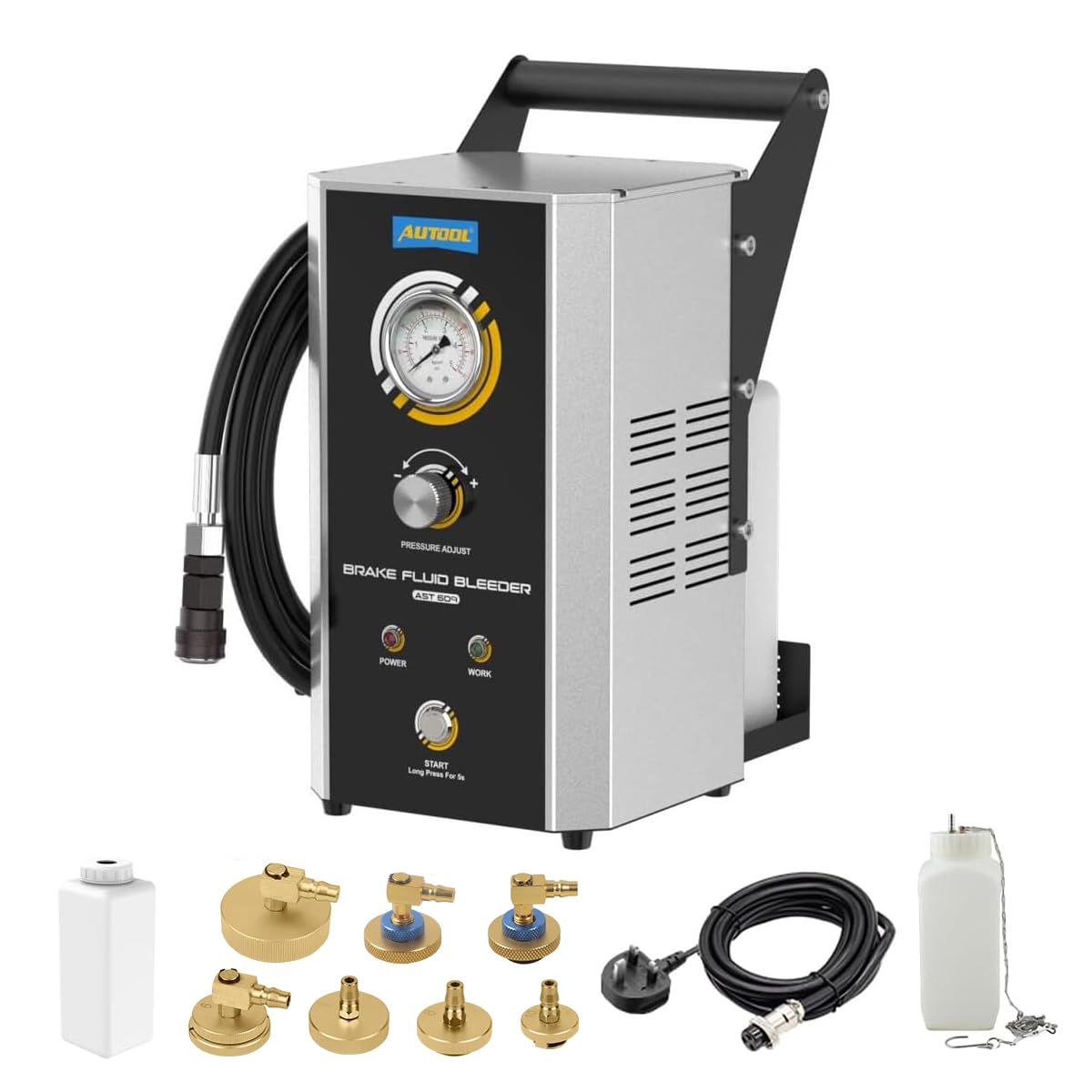 AUTOOL Purga de Freno Eléctrica- AST609 220V Equipo de Purga de Frenos Automático Pulsante con Bomba de Aire Incorporada y 7 Adaptador Presión Ajustable 0,5~2,5Bar para Vehículos