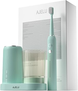 AJELU Rechargeable Sonic Toothbrush with Drying Holder, 8 Brush Heads, Smart Timer, Waterproof Design Mint Green Edition