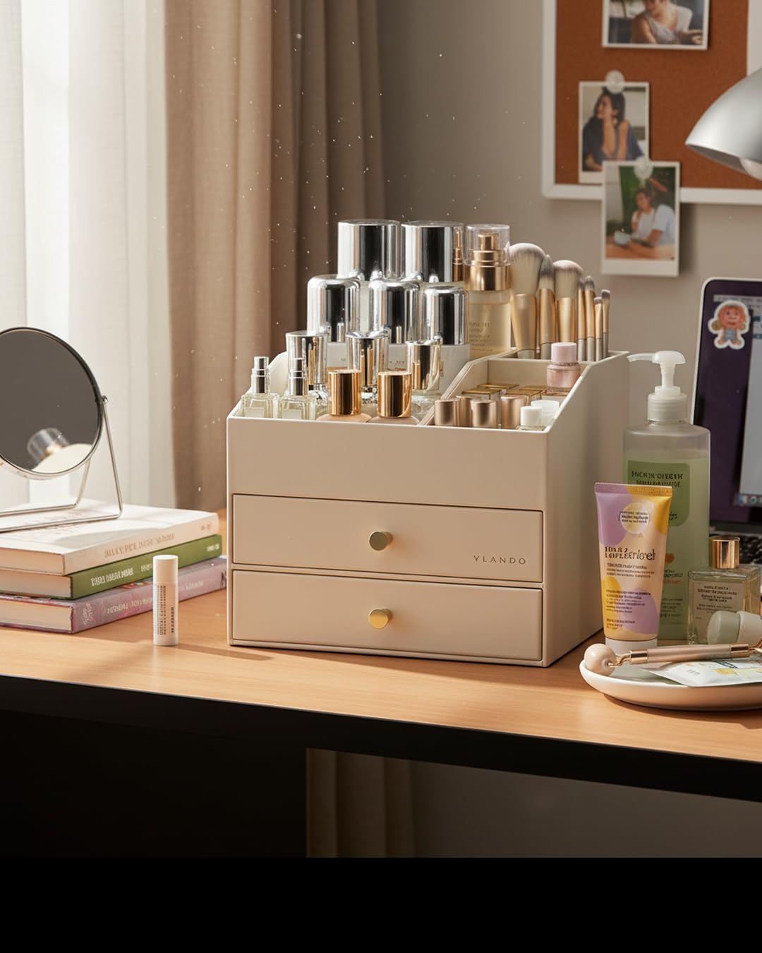 Vlando Organizer per trucchi con 3 cassetti, organizzatore da toeletta, organizzatore per cosmetici, organizzatore per il bagno, Dresser Skincare, beige