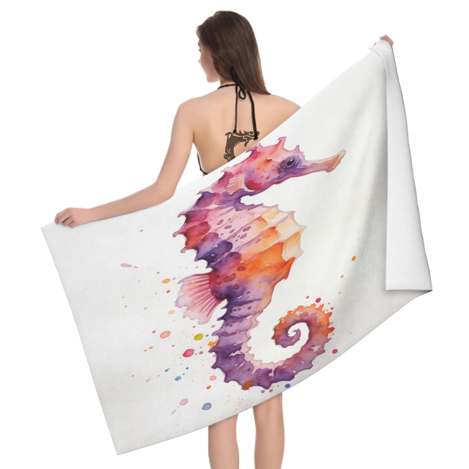 Leichong 3D Watercolor Seahorse Beach Towel Microfiber Soft Quick Dry for Adults, Marine Life Bath Towel Lightweight Soft Absorbent for Travel Swimming Pool Sports, 75 x 150 cm
