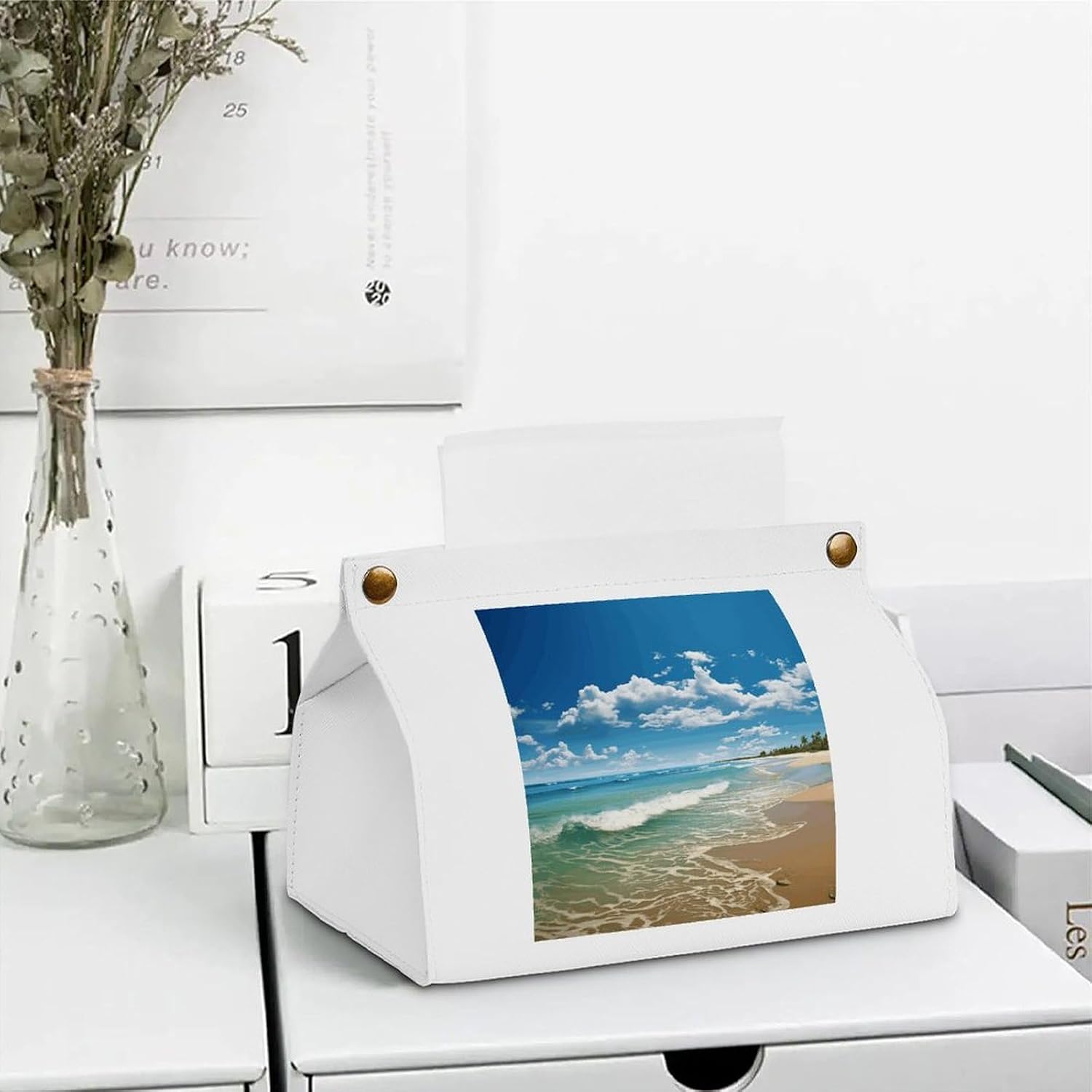 Decorative PU Tissue Paper Holder Sandy Beach Printed Tissue Box Cover Napkin Tissues Organizer Home Decor for Bathroom Night Stands Desk Car Dining Table image 5