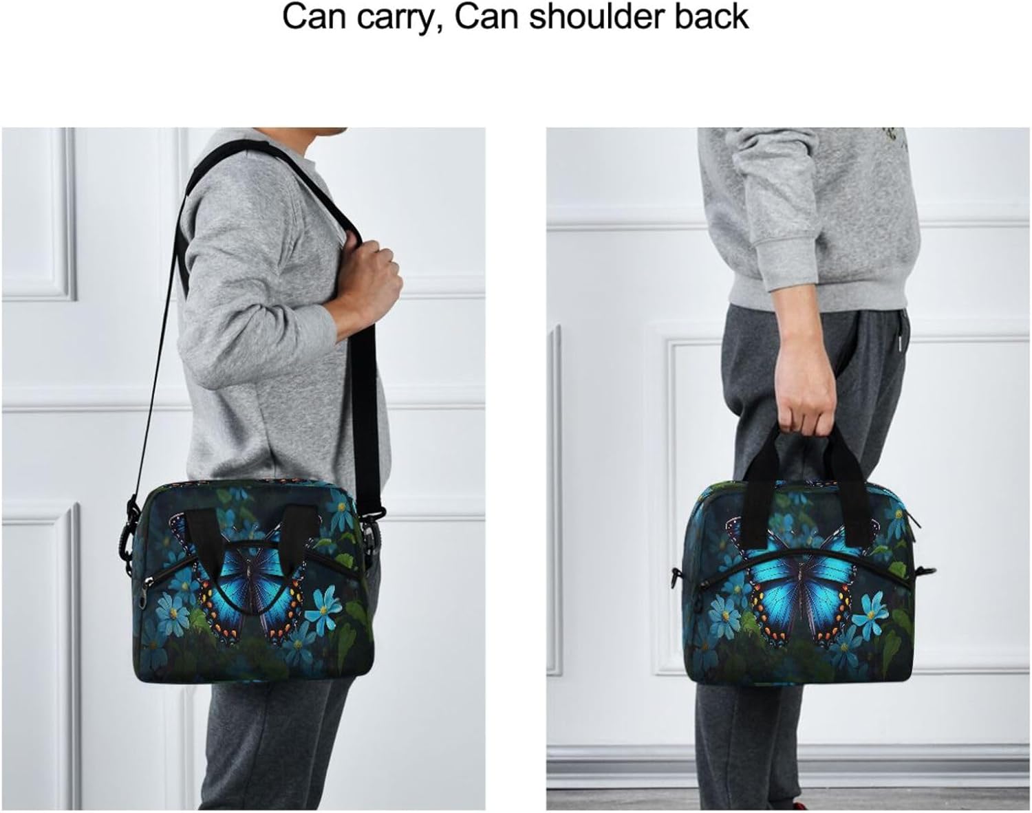 Blue Butterfly Flower Lunch Bag, Insulated Lunch Tote Bags Cooler Reusable Lunch Box Food Container with Adjustable Shoulder Strap for Women Men Adults