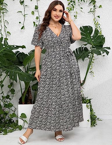 Image of ShopWonder Womens Plus Size V Neck Wrap Maxi Dress High Waist Ruffle Summer Casual Dress with Belt