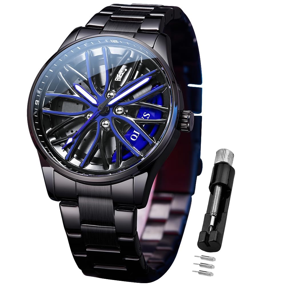 OLEVS Herrenuhren Drehende Auto-Rad Quarzuhren Modischer Sport Edelstahl Herrenarmbanduhr Leuchtend Wasserdicht für Männer