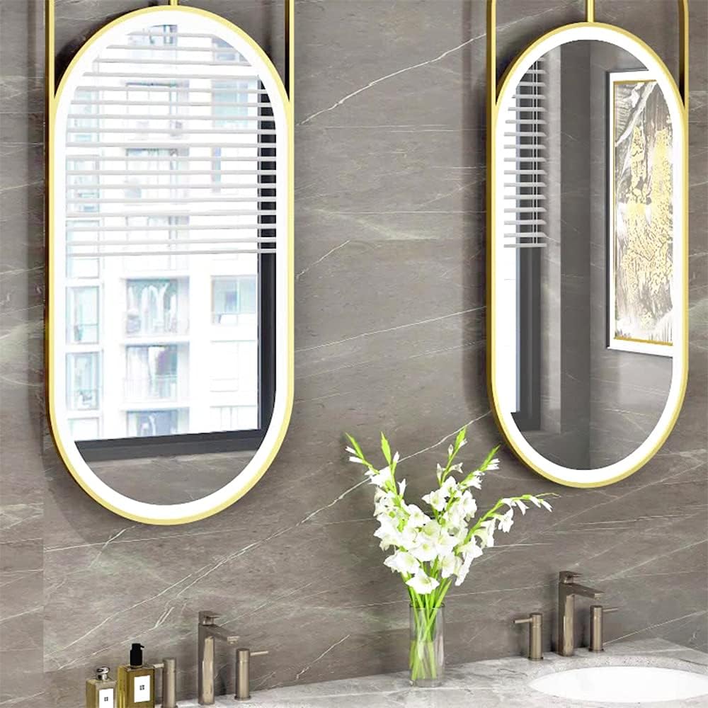 LED Bathroom Mirror Illuminated Mirror Wall Mirror Makeup Mirror Mounted Vanity Mirror Hanging Mirror Boom Mirror Oval Personality Ceiling Hollow Out Hotels homestays Restaurants (Color : Gold)