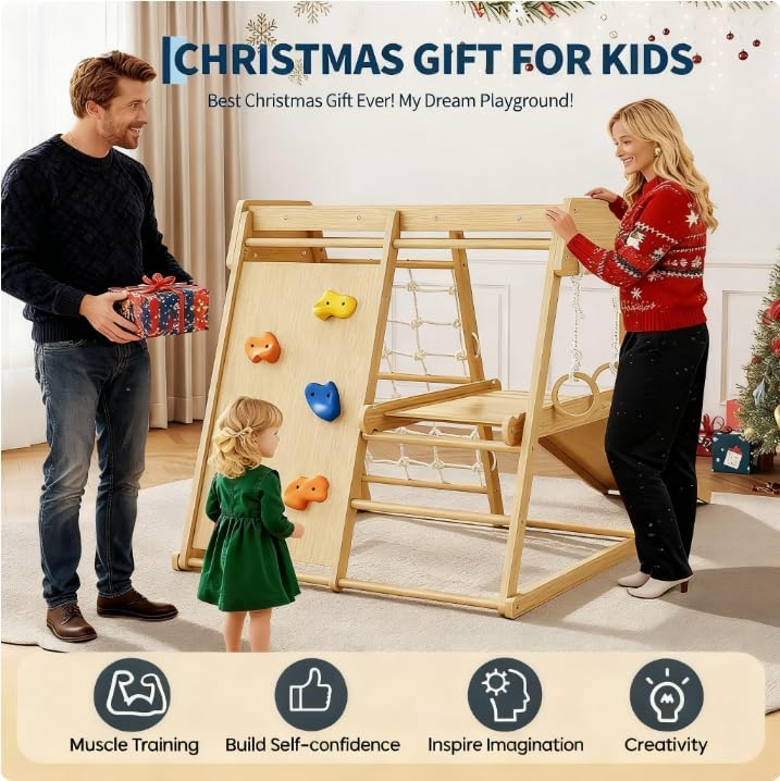 Miniatura 8 de Garvee Zona de juegos 8 en 1 para interiores y exteriores, gimnasio de la jungla para niños, juguetes de escalada de madera con tobogán para niños