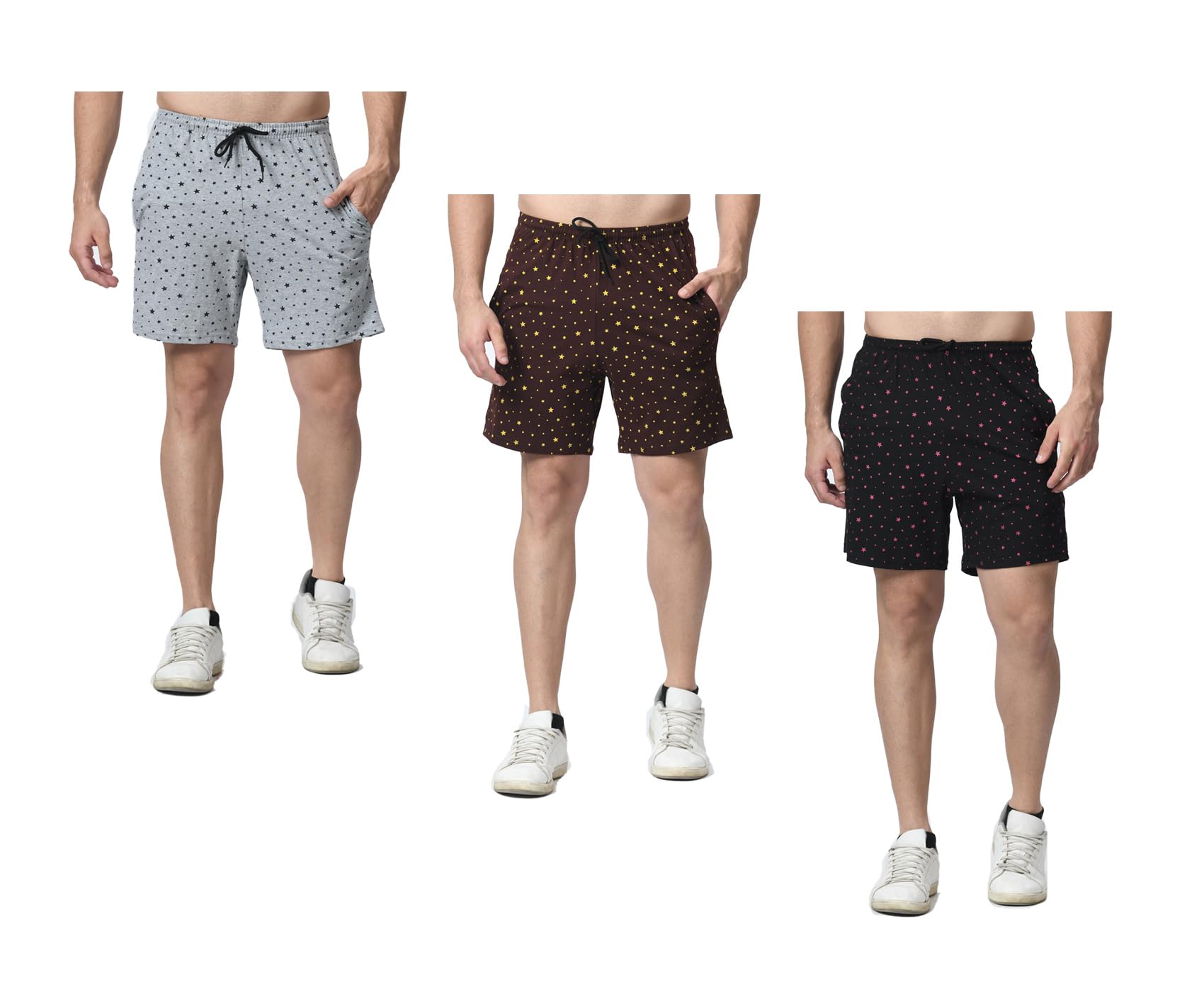 Men Cotton Star Printed Regular Bermuda Shorts (Pack of 3) Grey,Brown,Black-image-32