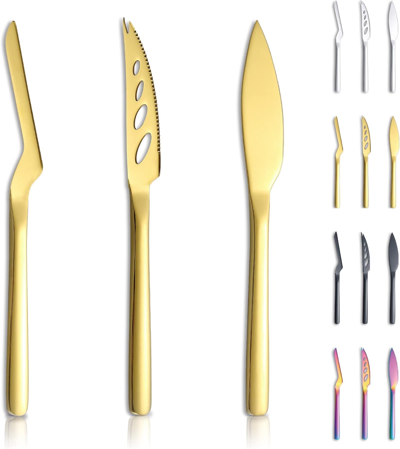 Kyraton Gold Cheese Knife Set of 3, Ergonomic Design Titanium Golden Plated Cheese Slicer, Butter Knife Spreader, Cheese Cutter, Cheese Knives for All Type of Cheese Kyraton Gold Cheese Knife Set of 3, Ergonomic Design Titanium Golden Plated Cheese Slicer, Butter Knife Spreader, Cheese Cutter, Cheese Knives for All Type of Cheese
