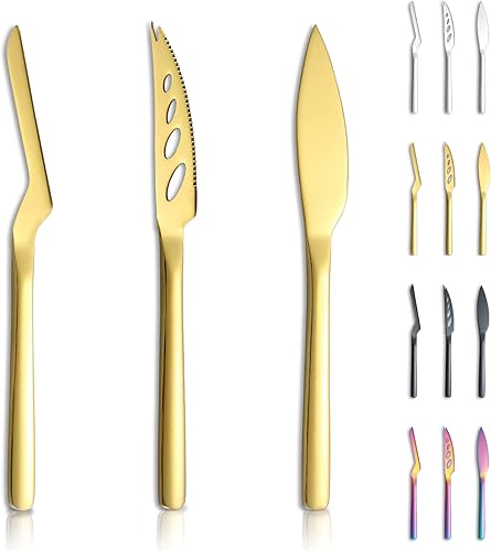 Kyraton Juego de 3 cuchillos de queso dorado, diseño ergonómico, cortador de queso chapado en oro de titanio, esparcidor de cuchillos de