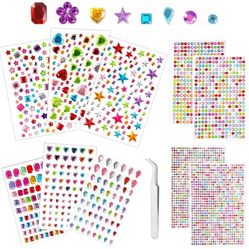 iJiZuo 3500pcs Gem Stickers with Pick Up Tweezer 10 Sheets Stick on Gems Jewel Stickers Self-Adhesive Rhinestone for DIY Nail Crafts Jewel Clothes Makeup White