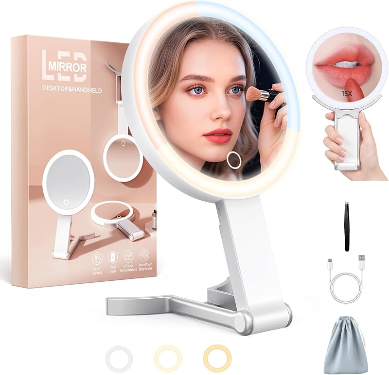 Travel Makeup Mirror with Lights, 15X/1X Double Sided Magnifying Mirror with 3 Color LED Lights, Rechargeable Portable Vanity Mirror for Girls & Women, College Dorm Room Essentials & Gifts