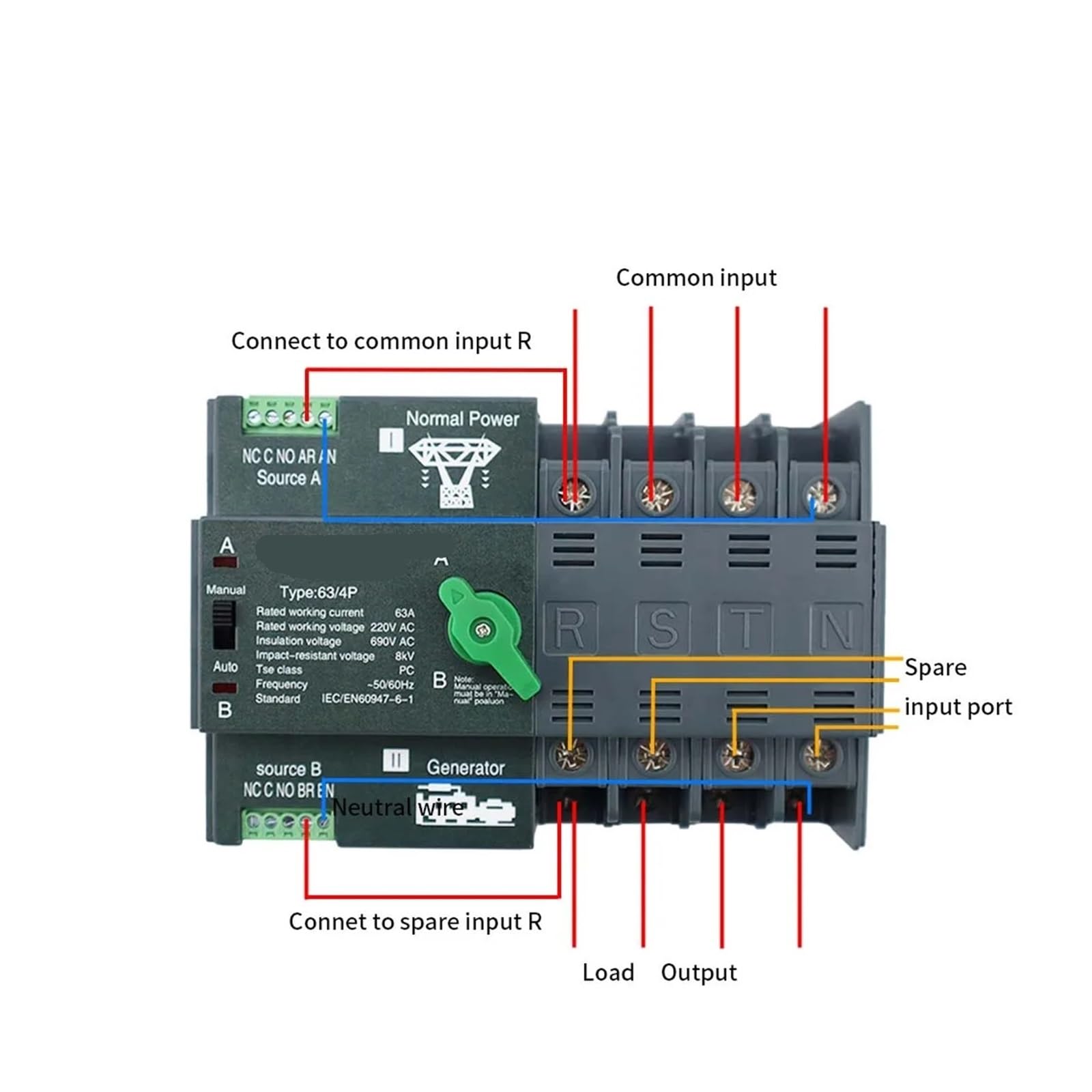 Interruttore di trasferimento automatico a doppia alimentazione Rail 2P 3P 4P ATS Interruttori selettori elettrici Alimentazione ininterrotta 63A 100A 50/60HZ