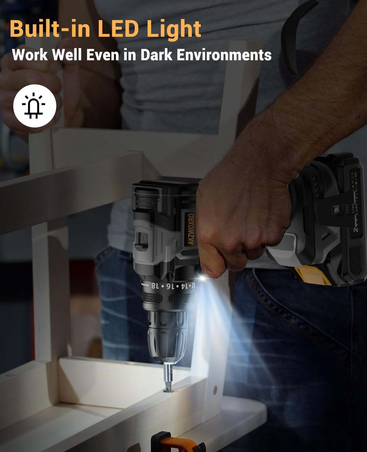 Destornillador inalámbrico sin escobillas (21 V, batería de 2,0 Ah, taladro de batería de 42 Nm, 2 velocidades, 18+1 niveles de torsión, luz LED, 20 piezas, juego de accesorios para jardín