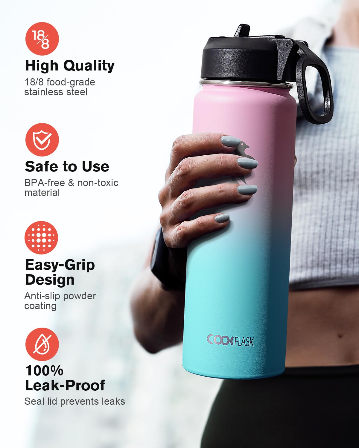 Coolflask Borraccia termica con cannuccia, in acciaio inox, con 3 coperchi, imboccatura larga, per sport o ufficio, senza BPA, mantiene il freddo fino a 48 ore o caldo fino a 24 ore, motivo