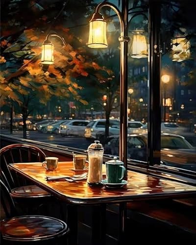 مجموعة الرسم بالارقام، مشهد مقهى اضواء المساء، 40 × 50 سم قماش مع فرش وطلاء اكريليك